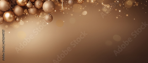 Golden Christmas baubles on a shimmering background with twinkling lights and a warm, festive glow