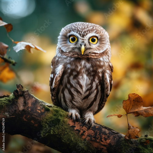 A little owl on branch in the forest.