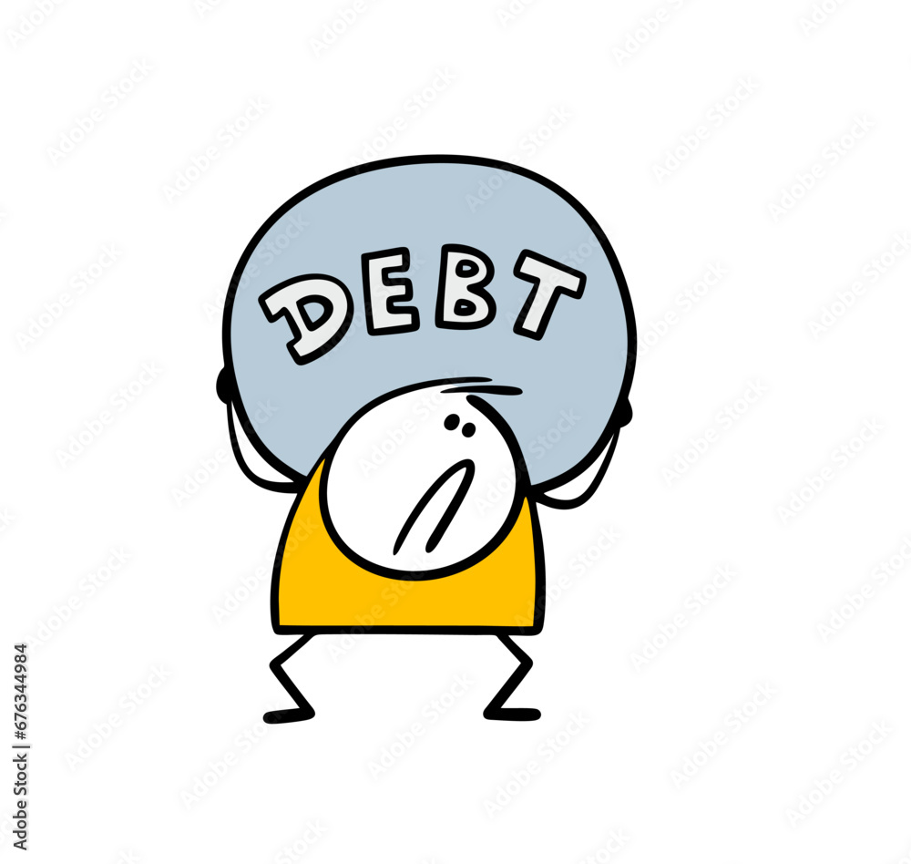 Poor exhausted stickman suffers and carries huge heavy load. Vector illustration of cartoon man and money debt to bank. Doodle debtor took out business loan. Poor exhausted stickman suffers and carries huge heavy load. Vector illustration of cartoon man and money debt to bank. Doodle debtor took out business loan.