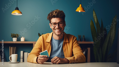 Smiling young man in glasses sitting at desk at home or coworking space, holding papers in hands, working or studying photo