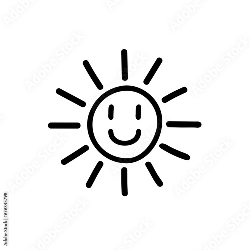 Smiling sun face. Happy sun doodle. Vector black line illustration isolated on white background.