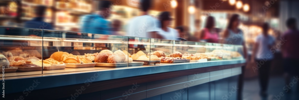 Blurred and bright interior of a spacious open grocery store with out of focus effect