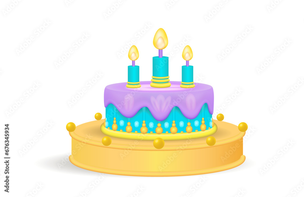 Children's birthday cake with icing and candles.
Vector illustration of a 3d icon. Birthday cake, badge. Children's birthday cake with icing and candles.
Vector illustration of a 3d icon. Birthday cake, badge.