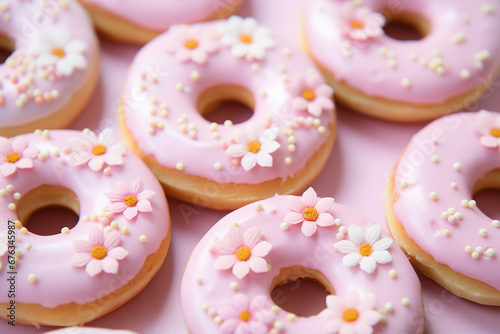 white decorated light pink doughnuts, in the style of pop inspo