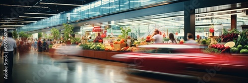 Blurred and bright interior of a spacious open grocery store with out of focus effect