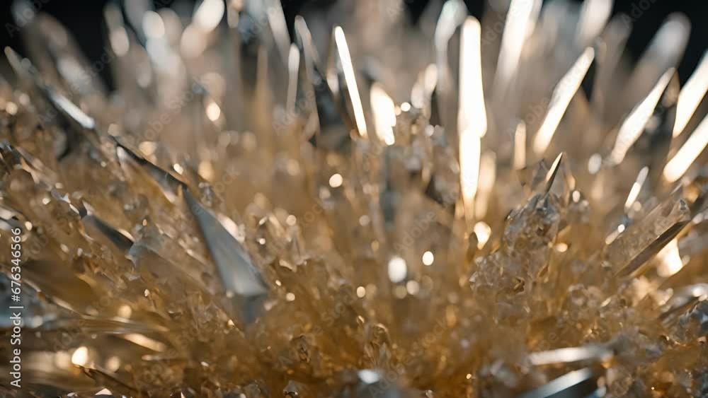 camera captures delicate, needlelike structures crystals, some appearing smooth glasslike while others have rough, jagged texture. camera captures delicate, needlelike structures crystals, some appearing smooth glasslike while others have rough, jagged texture.