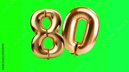 Gold balloon Number 80 ,Green Screen, Animation, motion loop, video footage.