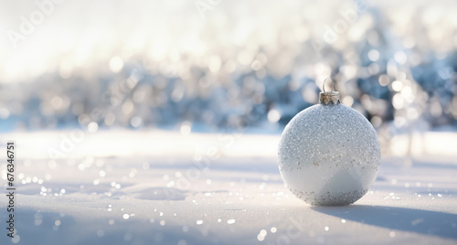 Christmas snowy background with white balls decoration. Merry christmas and happy new year greeting card with copy space
