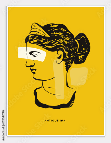 Exhibition, classics and antiquity. Vector illustrations of abstract shapes, ancient greek column, ancient ruins, goddess sculpture and bust for background, flyer or poster