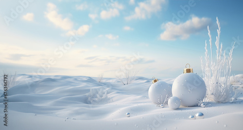 Christmas snowy background with white balls decoration. Merry christmas and happy new year greeting card with copy space