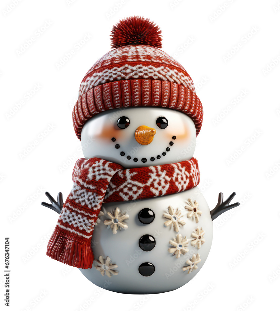 Fototapeta premium Cute snowman christmas hat scarf xmas isolated cutout on transparent background. PNG file. for product presentation. banner, poster, card, t shirt, sticker