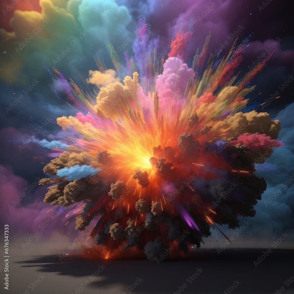explosion digital art with colorful clouds. Shades range from orange, blue, purple and pink. Gray background, small particles scattered across the image. It conveys a feeling of fantasy, and power.