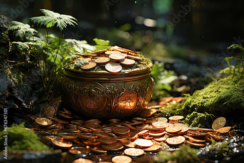 St.Patrick's Day. Copper pot with gold coins in a green forest in the sun