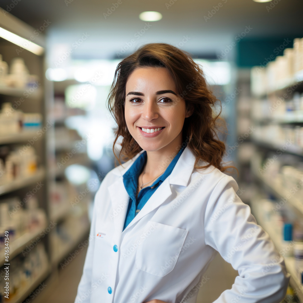 A smiling female pharmacist in a pharmacy looking at the camera.