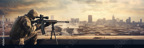 A rooftop snipers and city posters battlefield war. photo