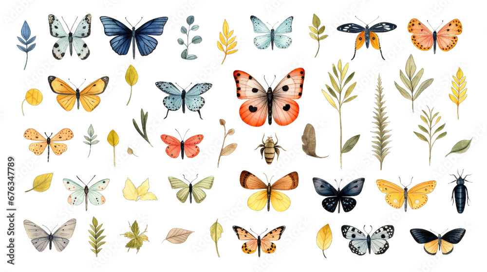 big set of watercolor meadow plants, flowers, insects big set of watercolor meadow plants, flowers, insects