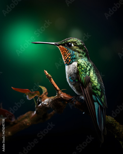 portrait of a cute humming bird on a dark forest background.