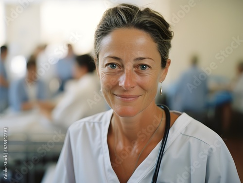 Genuine Care: Middle-Aged Woman Spreading Happiness in a Medical Setting