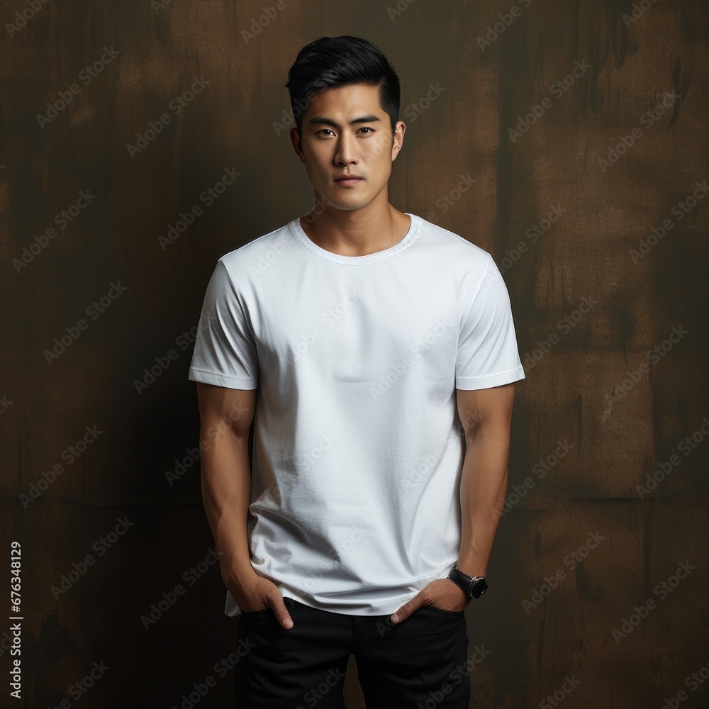 Fototapeta premium Handsome asian male wearing blank empty t-shirt