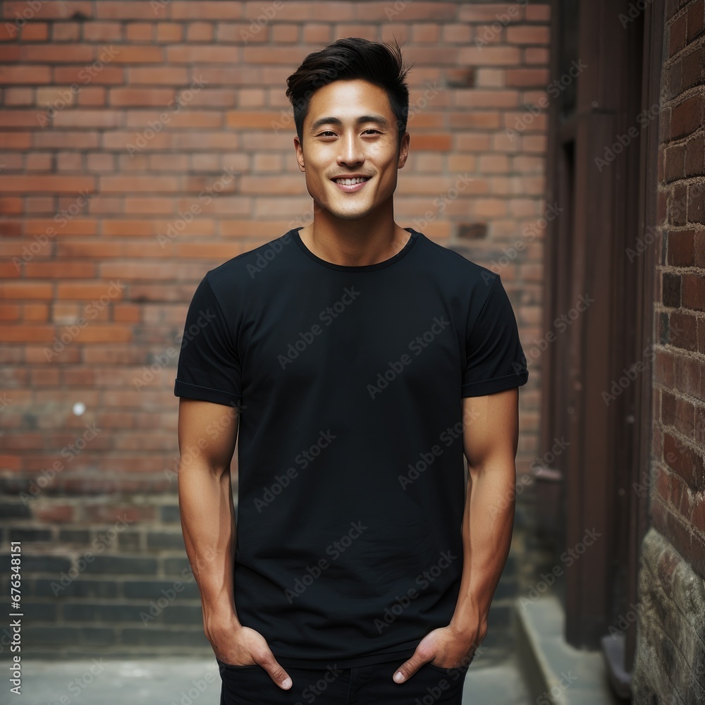 Obraz premium Handsome asian male wearing blank empty t-shirt