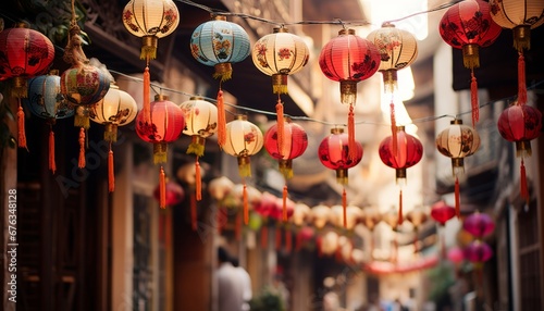 Lively chinese new year street celebration with red lanterns, vibrant festive atmosphere and colors