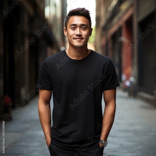 Handsome asian male wearing blank empty t-shirt