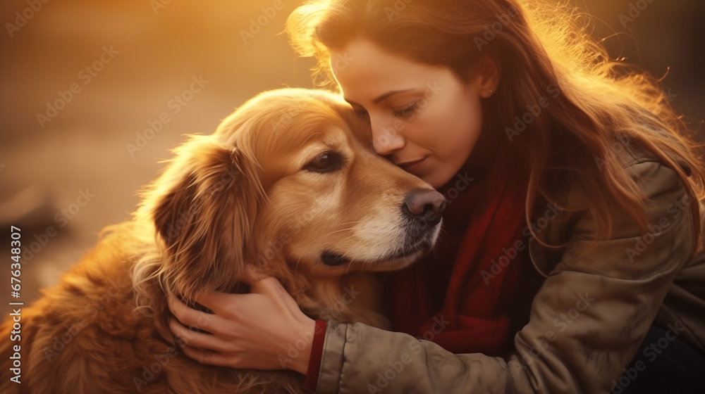 Dog and young woman comforting a distressed friend together, showcasing empathy and readiness to support. Woman and golden retriever.