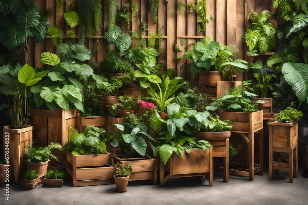 flowers in potsPlants potted in wooden planters. Outdoor urban gardens with trees, herbage, flora, shrubs, ivy, flowers, Bougainville, taro, elephant ears, hibiscus and ferns
