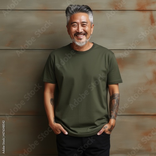 Old asian man wearing empty blank t-shirt for mockup