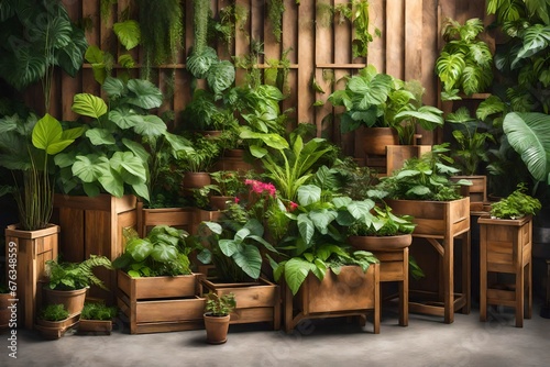 flowers in potsPlants potted in wooden planters. Outdoor urban gardens with trees, herbage, flora, shrubs, ivy, flowers, Bougainville, taro, elephant ears, hibiscus and ferns photo