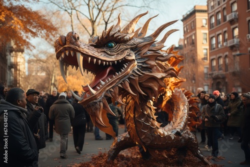 Chinese new year dragon puppet winding through crowded street, capturing parades energy and movement © Ilja