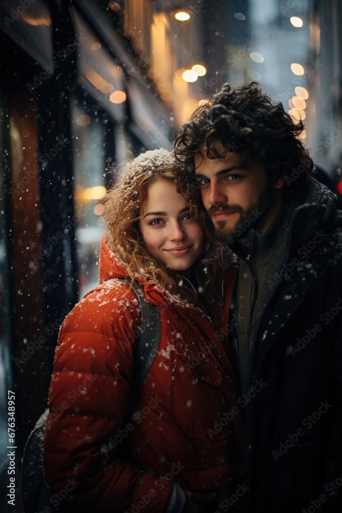 Urban couple at snow posing for the camera.