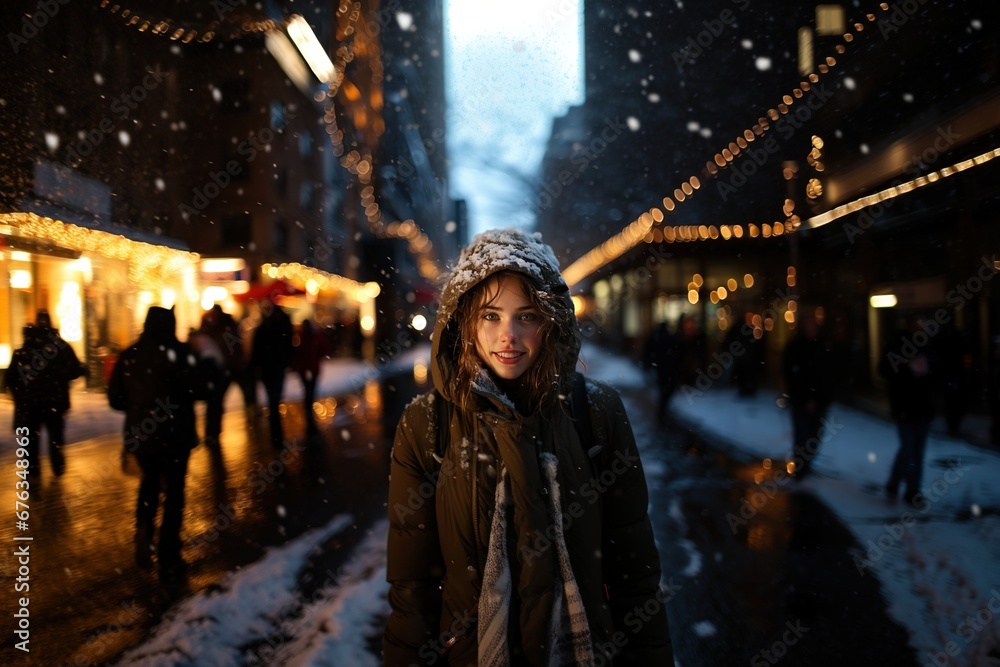 Urban girl at snow posing for the camera.