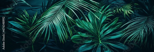 Captivating and serene view of green tropical forest leaves in a beautiful low light background