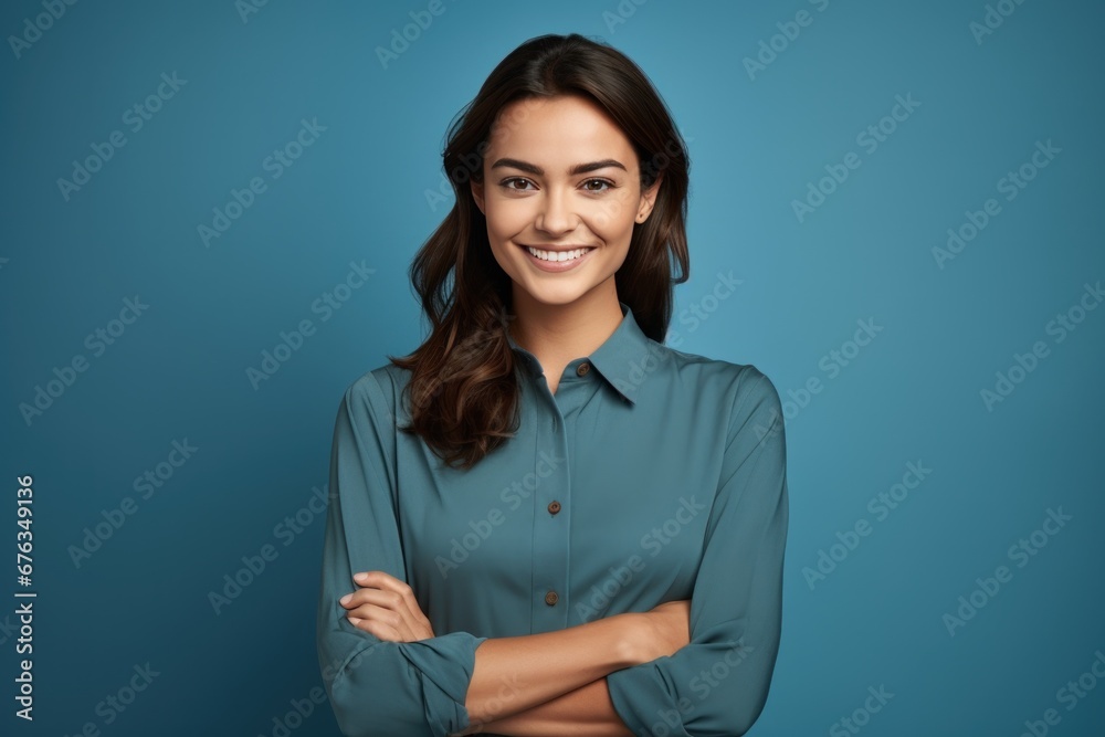 Naklejka premium Photo portrait of lovely young lady folded arms confident pose wear trendy blue blouse isolated on dark blue color background.