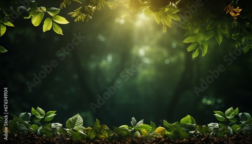 Lush and vibrant tropical forest with green leaves background illuminated by bright light