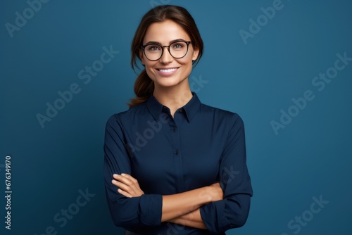 Photo portrait of lovely young lady folded arms confident pose wear trendy blue blouse isolated on dark blue color background. photo