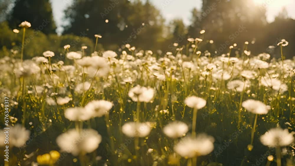 camera pans across dandelion seeds sunlit garden, each catching light casting tiny shadows ground.