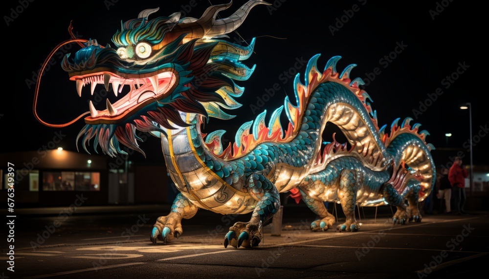 Fototapeta premium Colorful chinese new year procession with captivating mythological float, enhancing festive ambiance