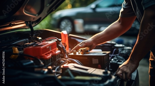 A technician maintenance of car battery, check the electrical system inside the car.