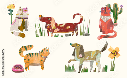  Cats and dogs illustration. watercolor painting. animals.