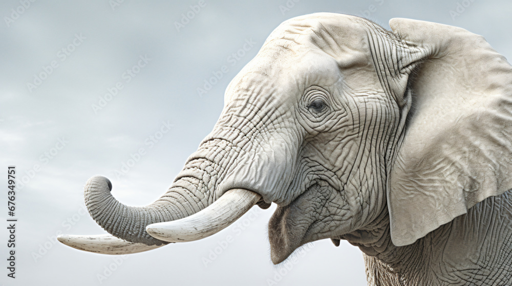Fototapeta premium majestic tusks of a regal white albino elephant, showcasing the details of their curves and textures against a plain backdrop, ensuring a visually striking and detailed visual for presentations