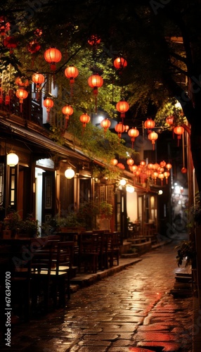 Enchanting chinese new year garden with illuminated lanterns, evoking wonder and enchantment