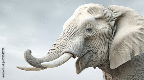 majestic tusks of a regal white albino elephant, showcasing the details of their curves and textures against a plain backdrop, ensuring a visually striking and detailed visual for presentations