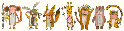 Kids playing as animals. wildlife charector illustration. chidren art.