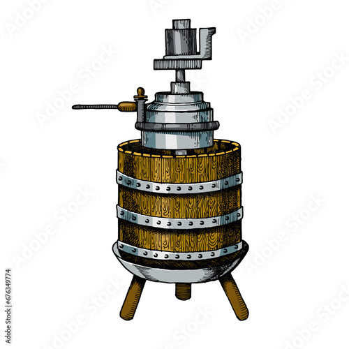 Mechanical wine press engraving sketch style hand drawn color vector illustration. Scratch board style imitation. Hand drawn image.