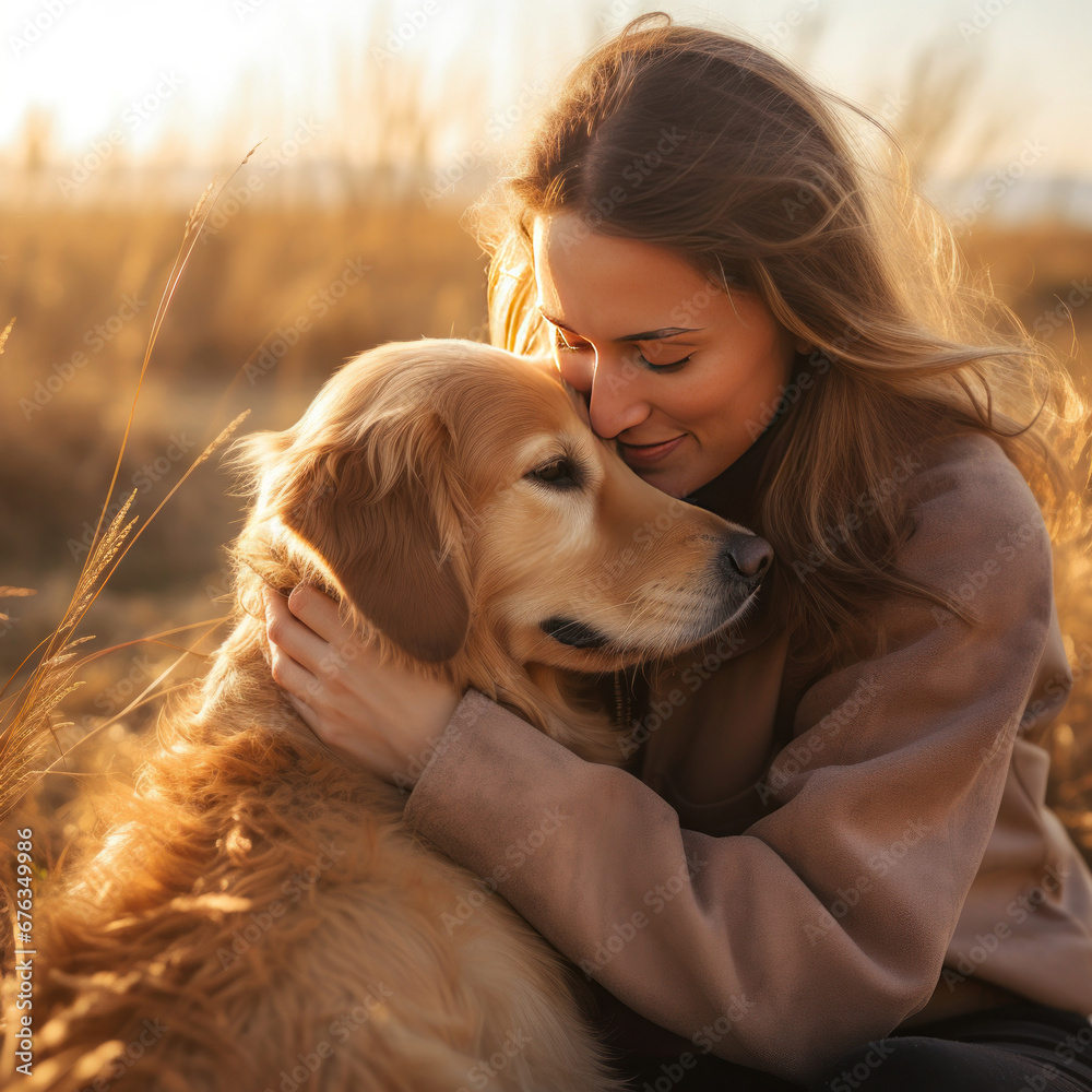 A young woman hugging golden retriever. Dog and woman comforting a distressed friend together.