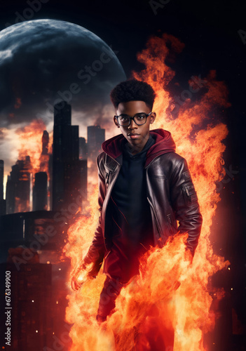Superhero black teenage boy in fire