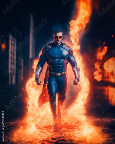 Superhero white man walking away from fire