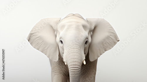 a regal white albino elephant standing with grace, its majestic presence and blue eyes illuminated against a seamless white background, perfect for a visually stunning presentation or flyer